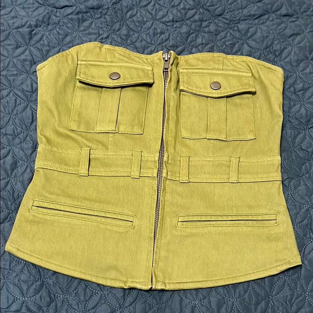 Forever 21 Olive Strapless Zip-Up Top